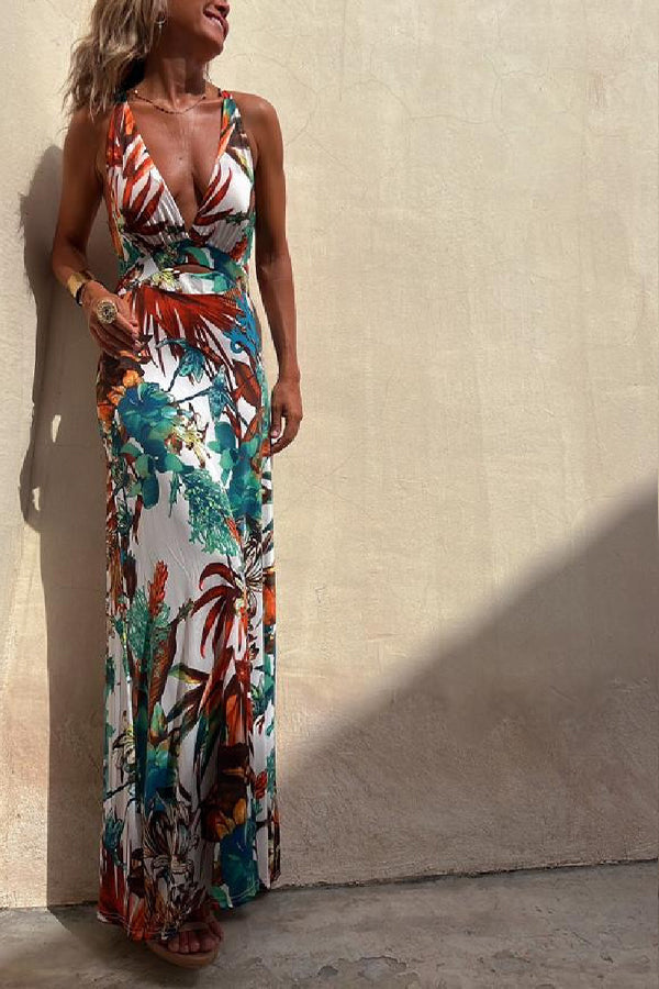 LD | RAINFOREST PARADISE TROPISCHE PRINT RUG CROSSOVER STRETCH MAXI JURK