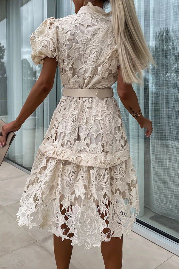 LD | Absoluut Elegant Bloemig Gehaakt Kant Pofmouw Riem Overhemd Midi Dress
