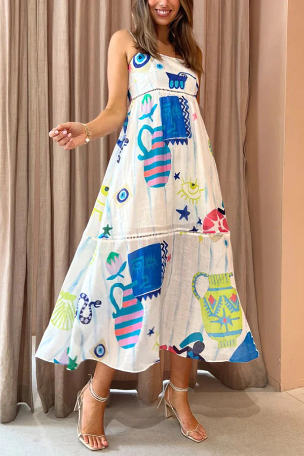 LD | She's The Fun Linnenmix speelse print Ladder Trim Midi Dress