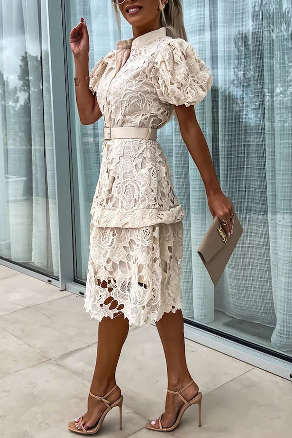 LD | Absoluut Elegant Bloemig Gehaakt Kant Pofmouw Riem Overhemd Midi Dress