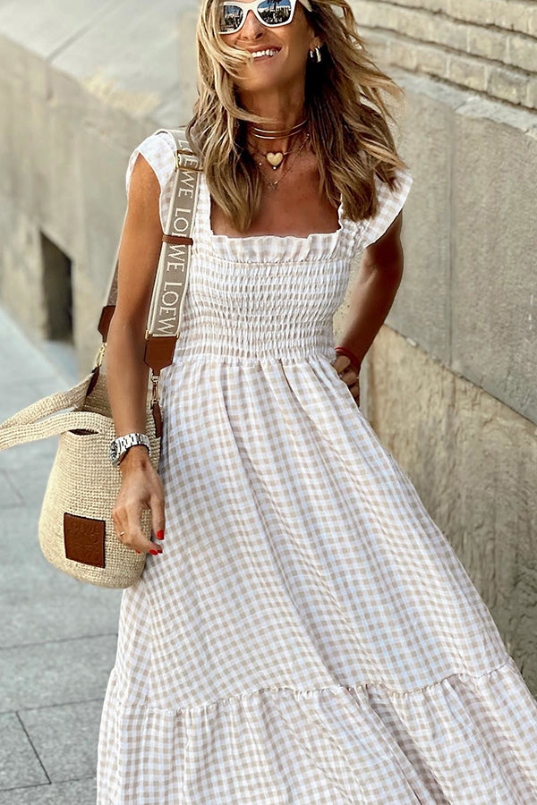 LD | Singing Solo Multi Plaid Maxi Dress met gesmokte bovenkant