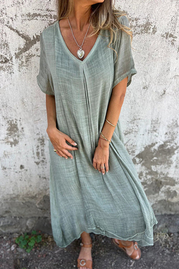 LD | V-hals loose fit katoenen linnen midi-jurk