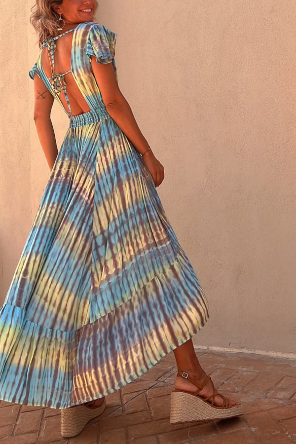 LD Lorina Tie-dye Print Button Smocked Waist Backless Midi Dress