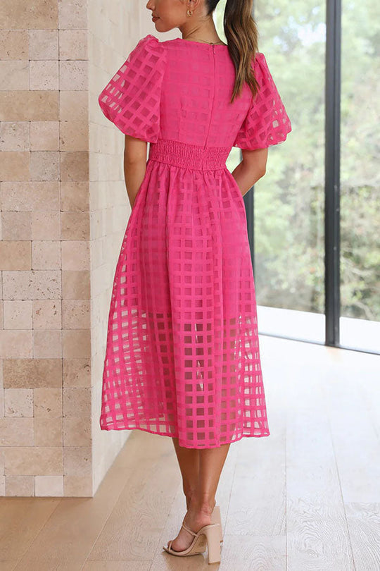LD | Opmerkelijke Schoonheid Vierkante Gedessineerde Stof Puff Mouwen Party Midi Dress