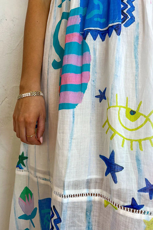 LD | She's The Fun Linnenmix speelse print Ladder Trim Midi Dress