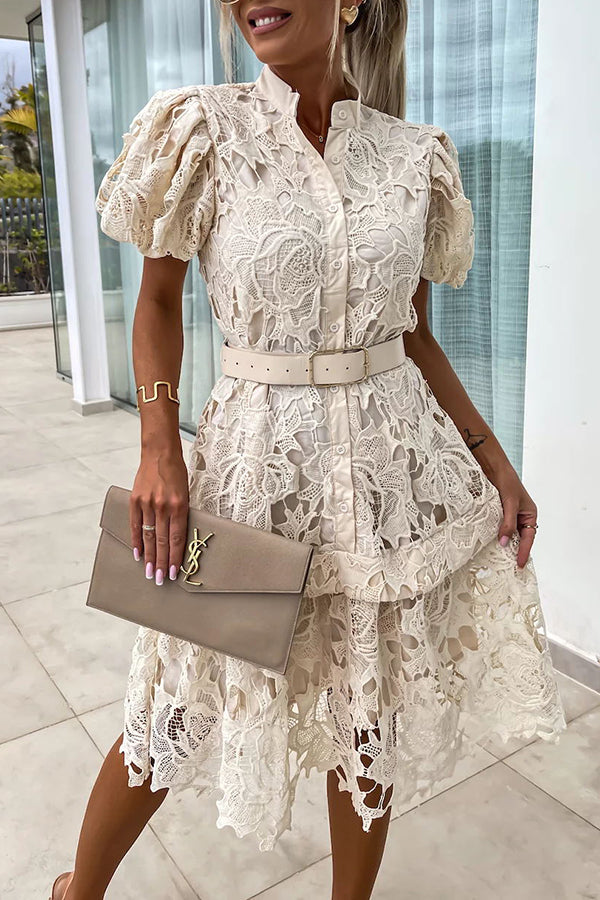 LD | Absoluut Elegant Bloemig Gehaakt Kant Pofmouw Riem Overhemd Midi Dress