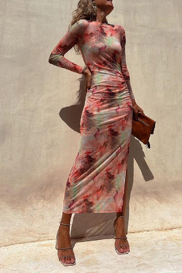 LD | Charm Lady Mesh Overlay Tie Dye Print Lange Mouwen Gerimpelde Stretch Midi Dress