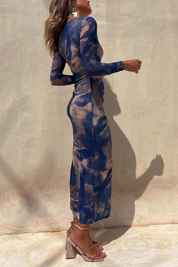 LD | Charm Lady Mesh Overlay Tie Dye Print Lange Mouwen Gerimpelde Stretch Midi Dress