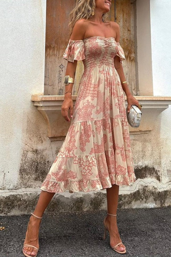 LD Pitaya Unieke print Off Shoulder Smocked Ruffle Mouwen Gelaagde Midi Dress