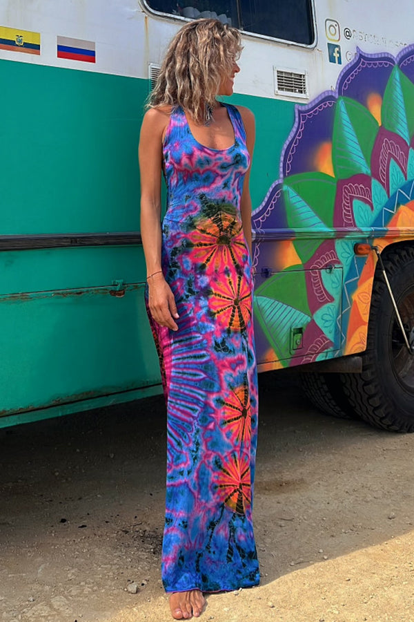 LD | La Bamba tie-dye print achter vetersluiting stretch maxi jurk