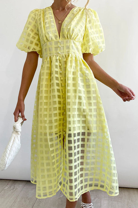 LD | Opmerkelijke Schoonheid Vierkante Gedessineerde Stof Puff Mouwen Party Midi Dress