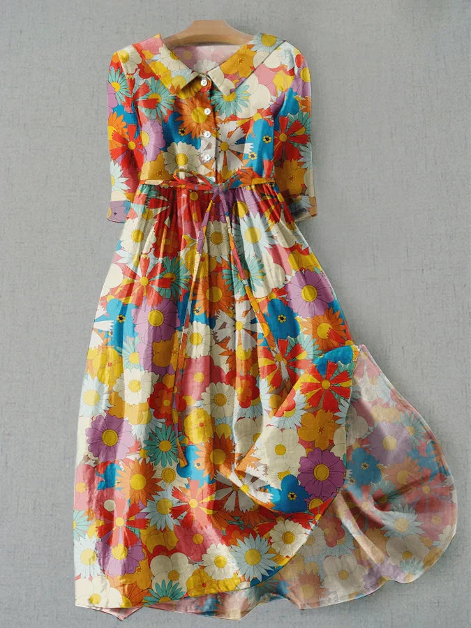 LD | Literaire casual jurk met bloemenprint en losse stropdas