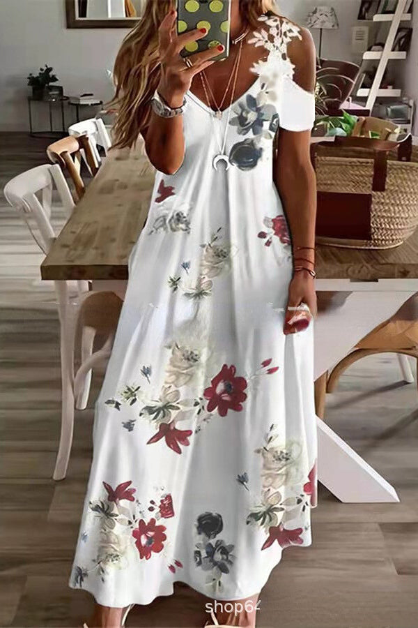 LD Viana Contrastkleurige maxi-jurk met kantprint en rechte mouwen