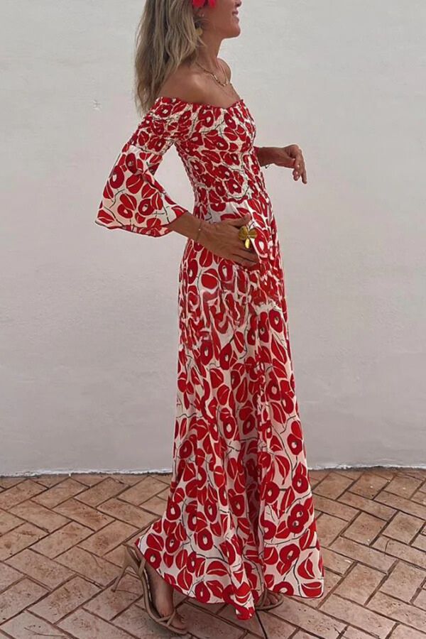 LD | Close To The Vacation Bloemenprint Gesmockte Off Shoulder Pocketed Maxi Dress