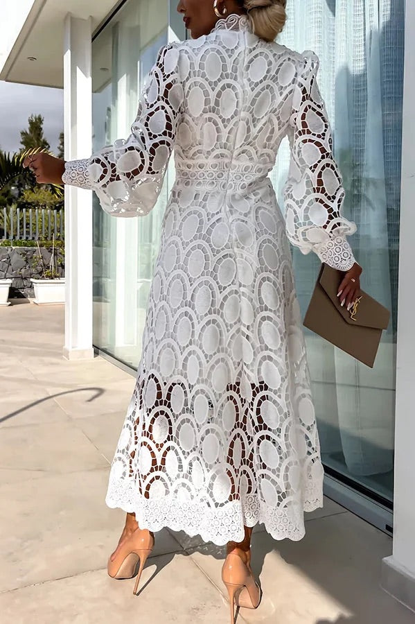 LD sensuele en elegante midi-jurk met gehaakte kanten lantaarnmouwen