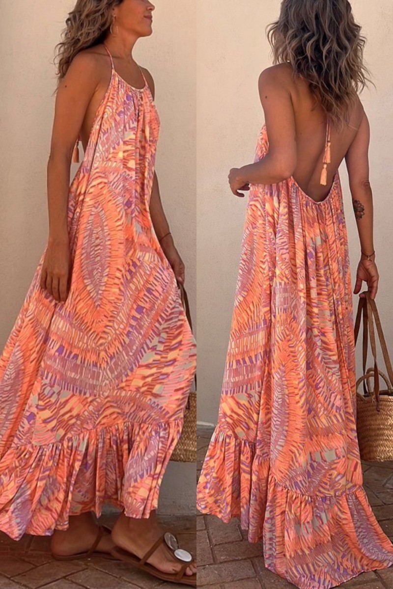 LD Sunita Etnische Print A-Lijn Halter Kwastje Vakantie Maxi Dress