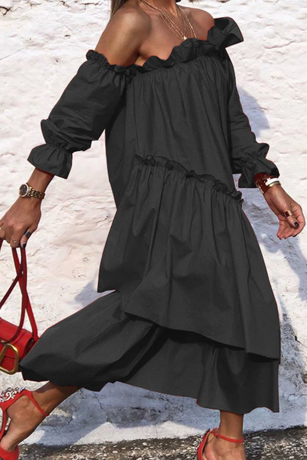 LD Fionna Off Shoulder Ruffle Irregular Trim Loose Midi Dress