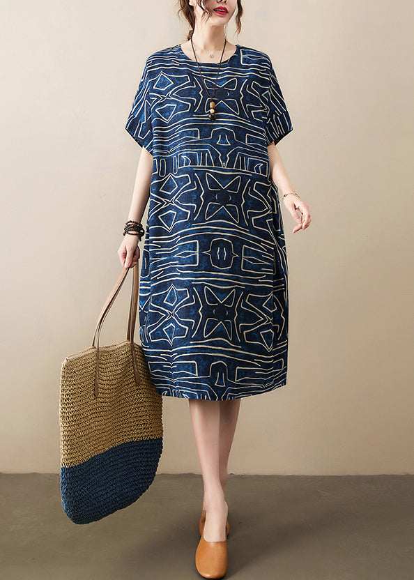 LD | marineblauw print elegante zomer badjas linnen oversize