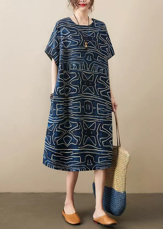 LD | marineblauw print elegante zomer badjas linnen oversize