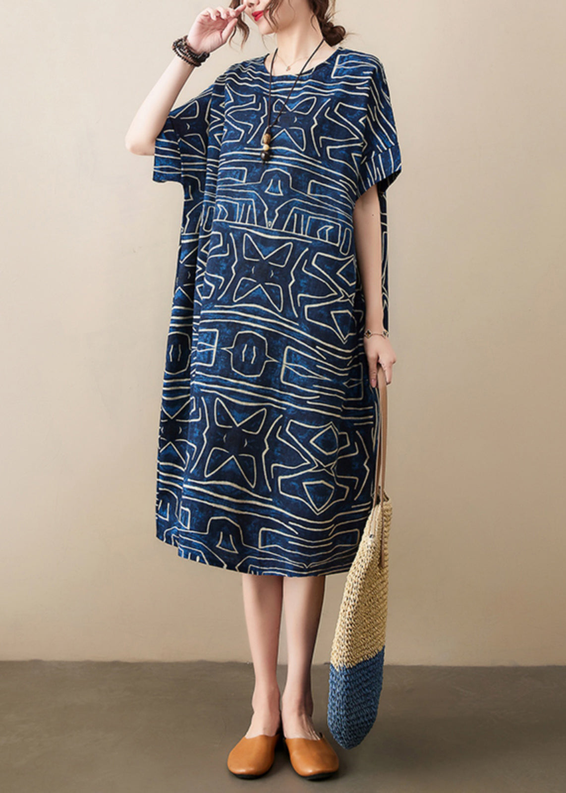 LD | marineblauw print elegante zomer badjas linnen oversize