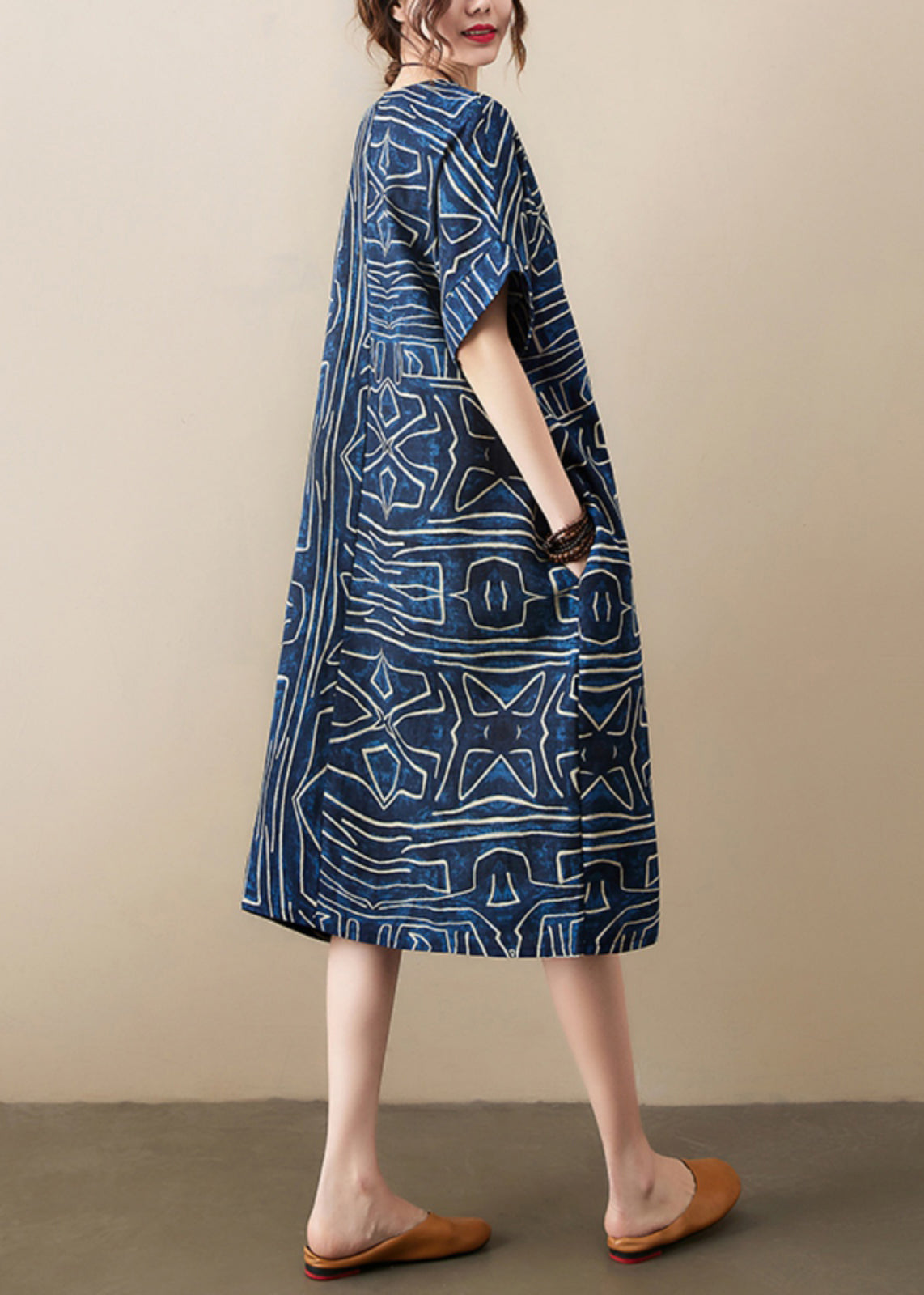 LD | marineblauw print elegante zomer badjas linnen oversize