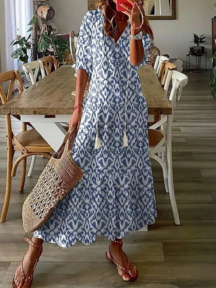 LD | midi-jurk met boho-patroon en korte mouwen