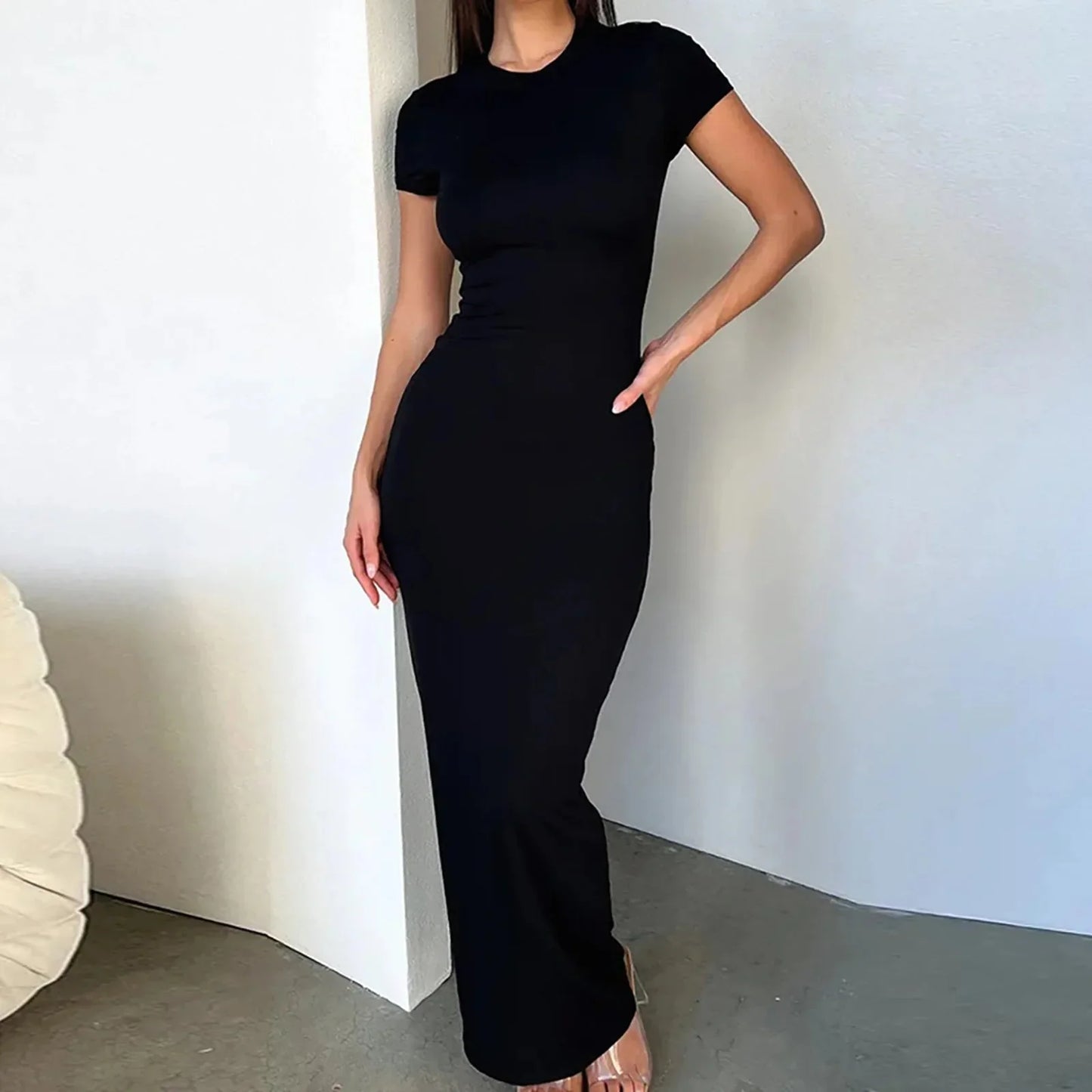 LD Bodycon maxi jurk met korte mouwen