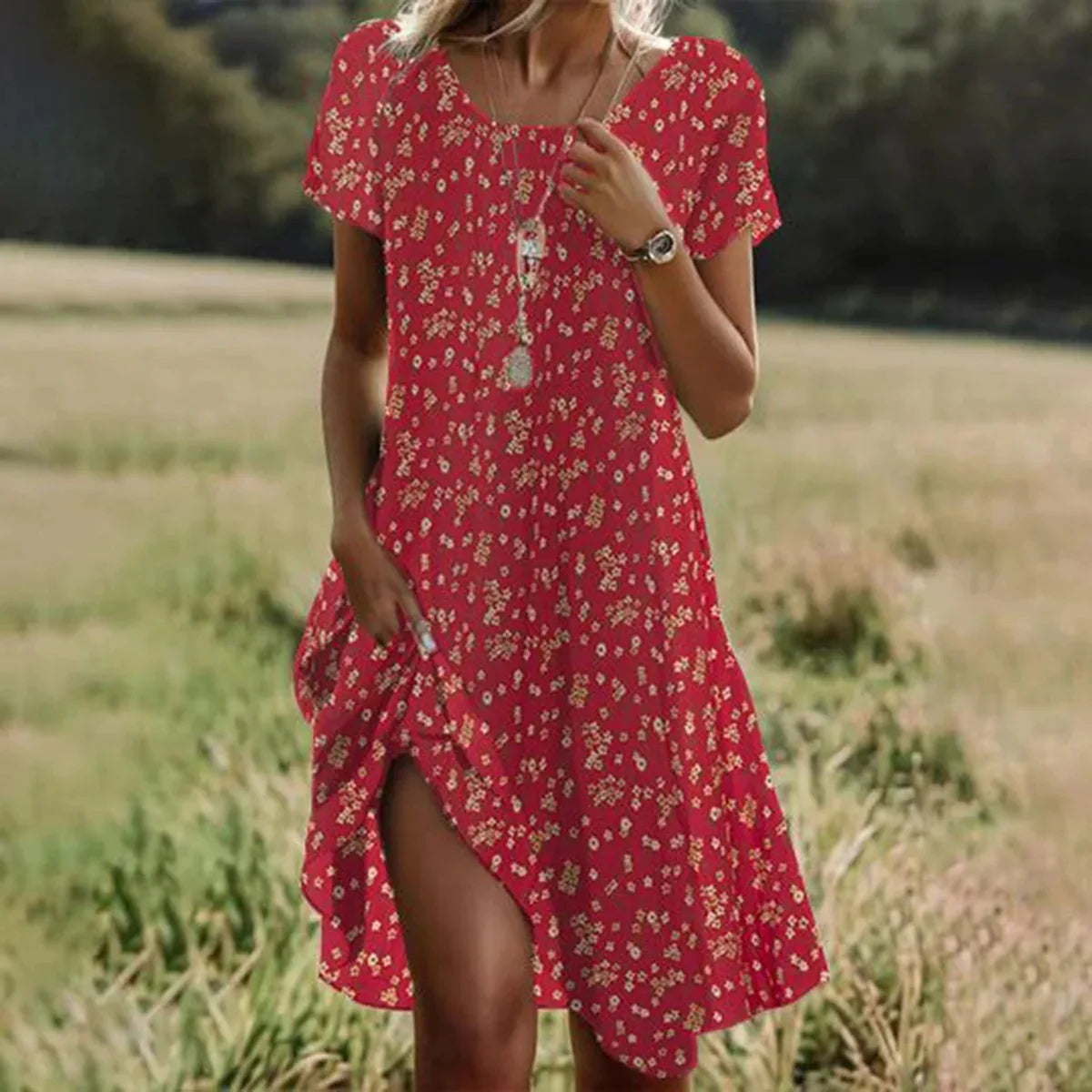 LD | Zomer Boheemse Jurken voor Vrouwen V-Hals Korte Mouwen Bloem Gedrukt Strand Vakantiekleding Vrouwen Maxi Jurken Boho