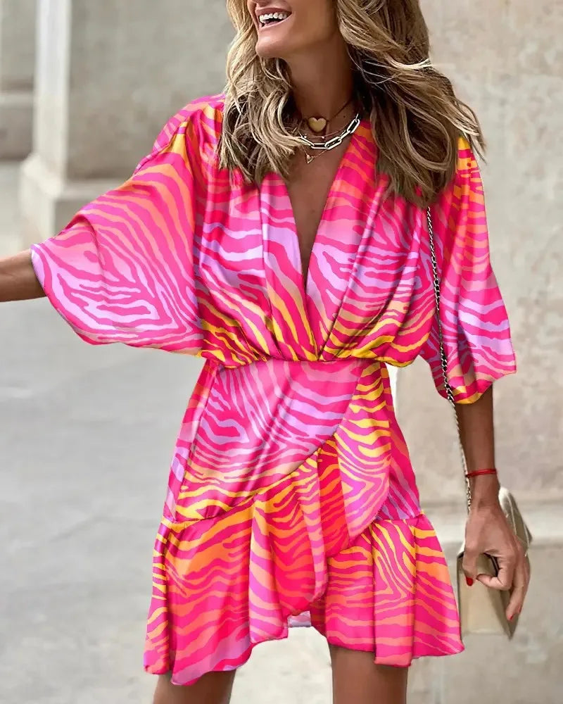 LD Print Jurk Sexy V-Hals Batwing Mouwen Ruffl Bloemen Print Bohemian Strand Jurk Dames Losse Zomer Vakantie Mini Jurken