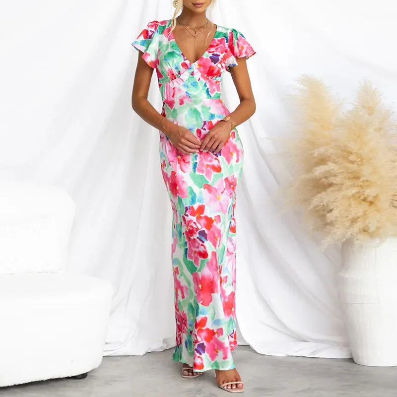 LD | Elegante avondjurk met V-hals en bloemenprint