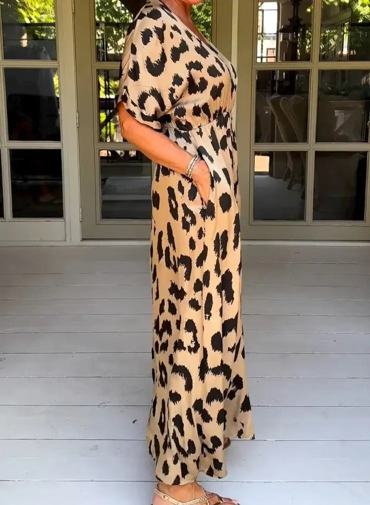 LD Maxi-jurk met luipaardprint en V-halslijn