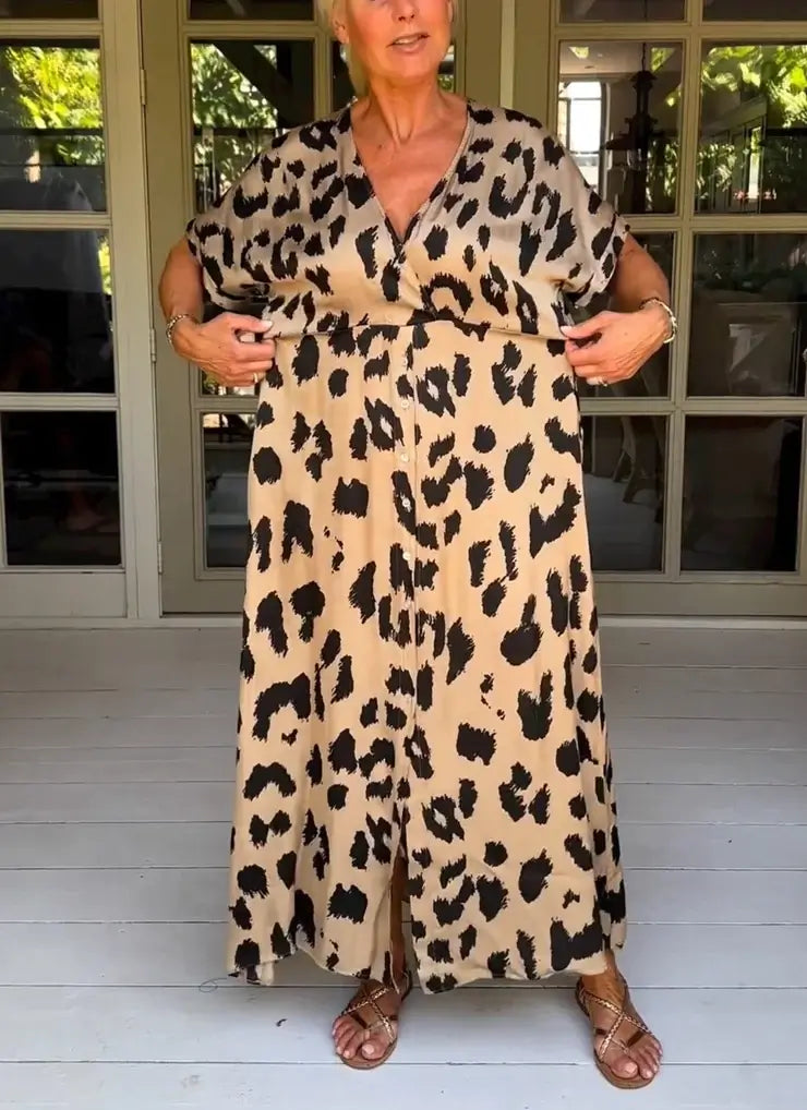 LD Maxi-jurk met luipaardprint en V-halslijn