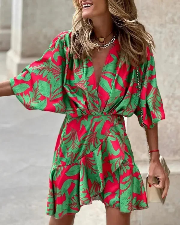 LD Print Jurk Sexy V-Hals Batwing Mouwen Ruffl Bloemen Print Bohemian Strand Jurk Dames Losse Zomer Vakantie Mini Jurken