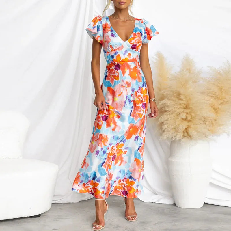 LD | Elegante avondjurk met V-hals en bloemenprint