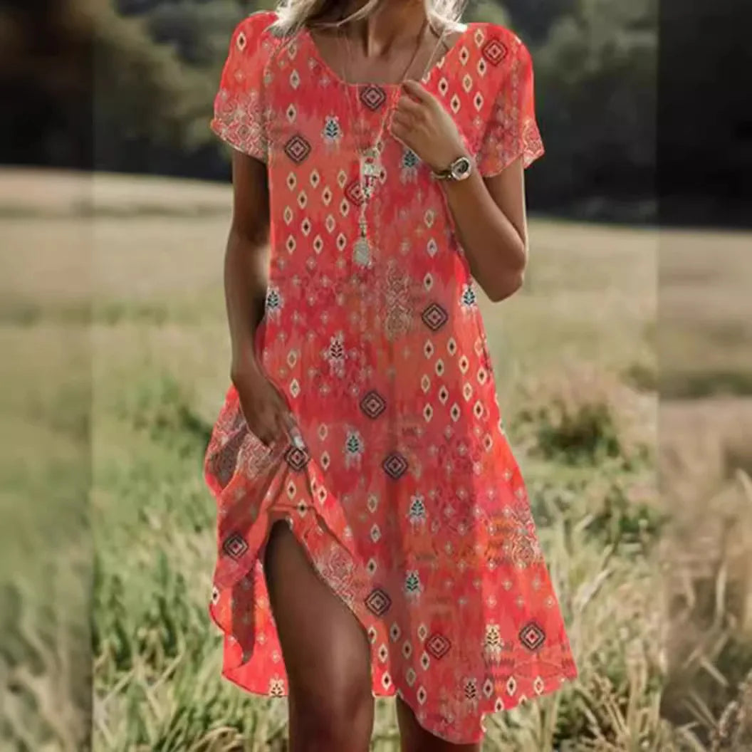 LD | Zomer Boheemse Jurken voor Vrouwen V-Hals Korte Mouwen Bloem Gedrukt Strand Vakantiekleding Vrouwen Maxi Jurken Boho