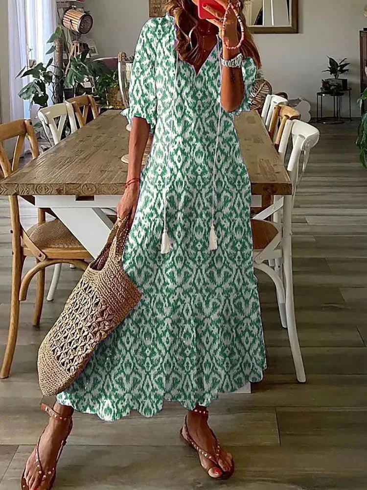 LD | midi-jurk met boho-patroon en korte mouwen