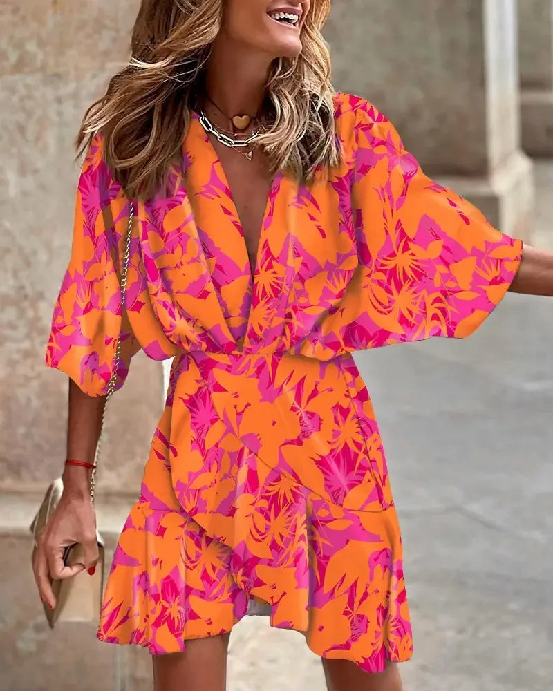 LD Print Jurk Sexy V-Hals Batwing Mouwen Ruffl Bloemen Print Bohemian Strand Jurk Dames Losse Zomer Vakantie Mini Jurken