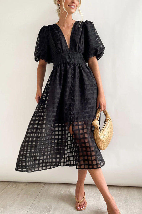 LD | Opmerkelijke Schoonheid Vierkante Gedessineerde Stof Puff Mouwen Party Midi Dress