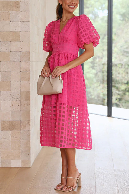 LD | Opmerkelijke Schoonheid Vierkante Gedessineerde Stof Puff Mouwen Party Midi Dress