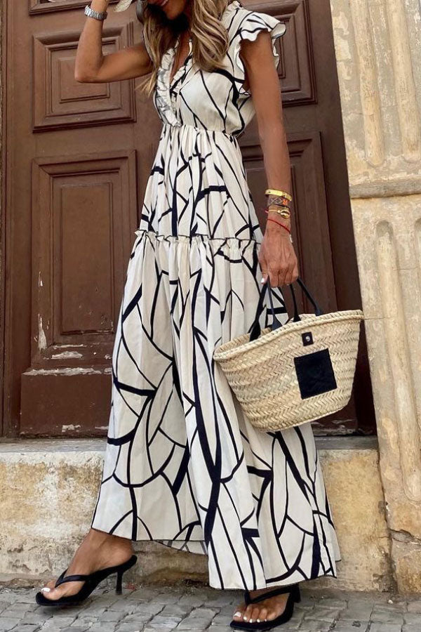 LD | Geometrische print V-hals ruches midi jurk
