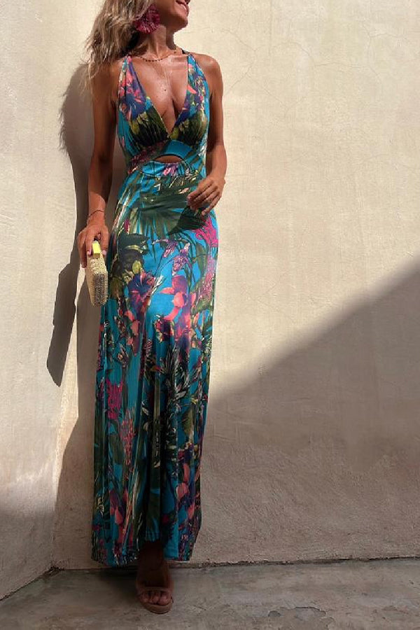LD | RAINFOREST PARADISE TROPISCHE PRINT RUG CROSSOVER STRETCH MAXI JURK