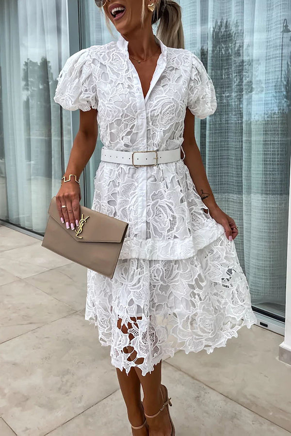 LD | Absoluut Elegant Bloemig Gehaakt Kant Pofmouw Riem Overhemd Midi Dress