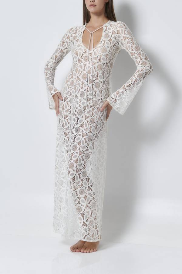 LD Santorini Sunset Floral Lace Long Sleeve Slit Holiday Maxi Dress
