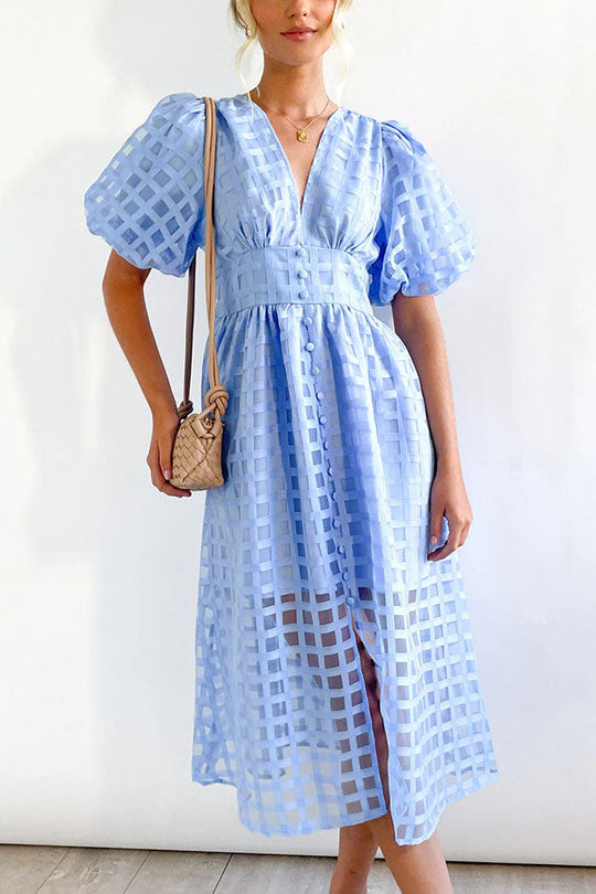 LD | Opmerkelijke Schoonheid Vierkante Gedessineerde Stof Puff Mouwen Party Midi Dress