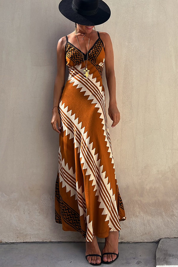 LD | Always Falling Satin Midi Dress met etnische print en gesmokte rug
