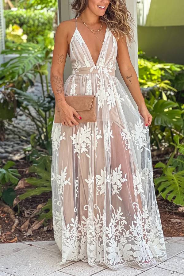 LD | Wit en Beige Kruis Rug Bloemen Tule Maxi Dress