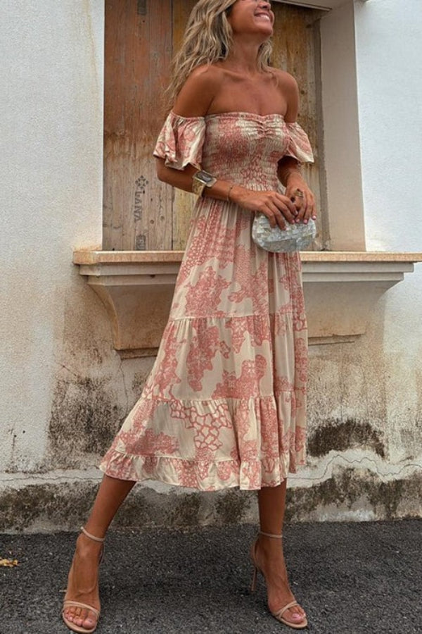 LD Pitaya Unieke print Off Shoulder Smocked Ruffle Mouwen Gelaagde Midi Dress