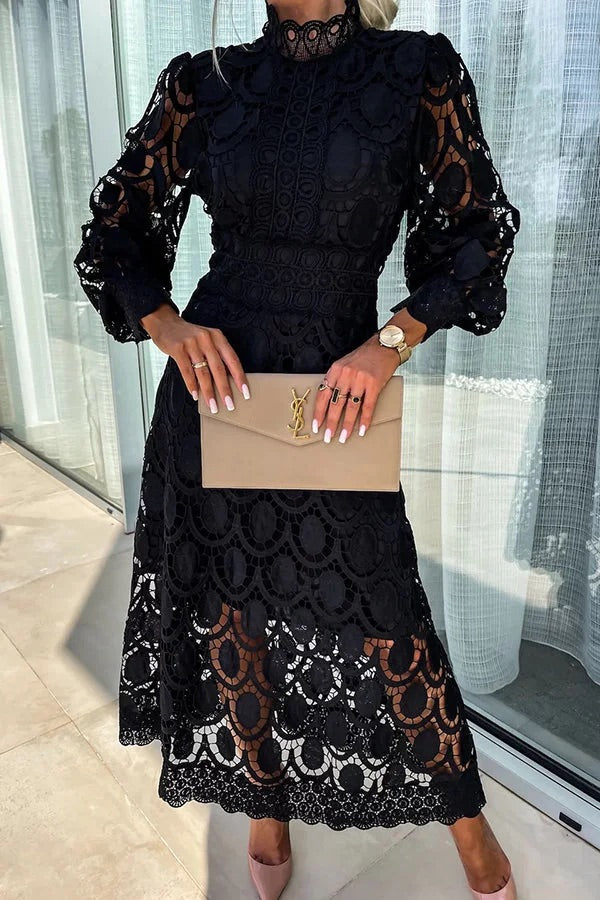 LD sensuele en elegante midi-jurk met gehaakte kanten lantaarnmouwen