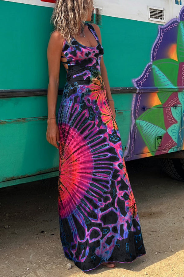 LD | La Bamba tie-dye print achter vetersluiting stretch maxi jurk