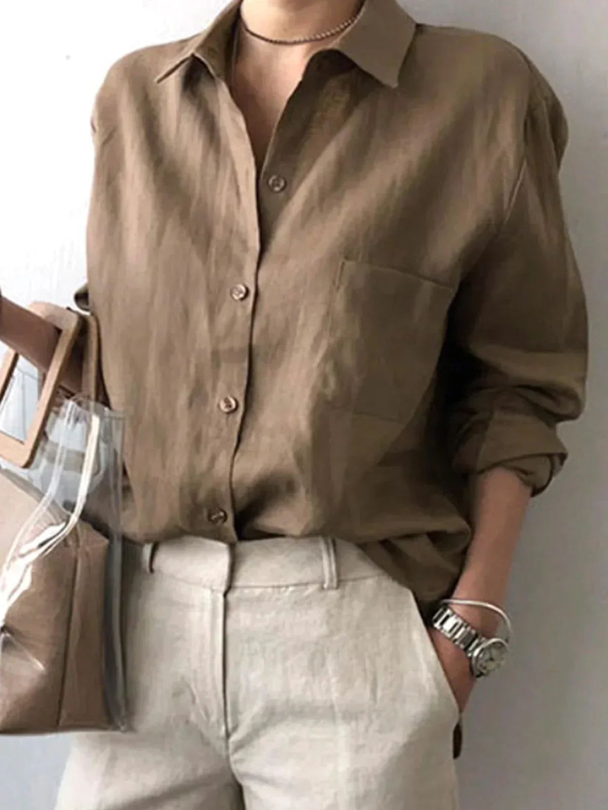 LD dames katoenen overhemd lente los effen overhemd kraag casual blouse